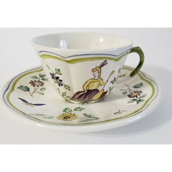 Longchamp Moustiers France 2 Cups and Saucers hand painted Set - Picture 1 of 9